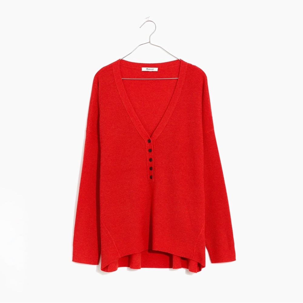 Madewell Asherton Waffle Henley Wool Alpaca Blend Sweater in Heather Poppy‎ Red